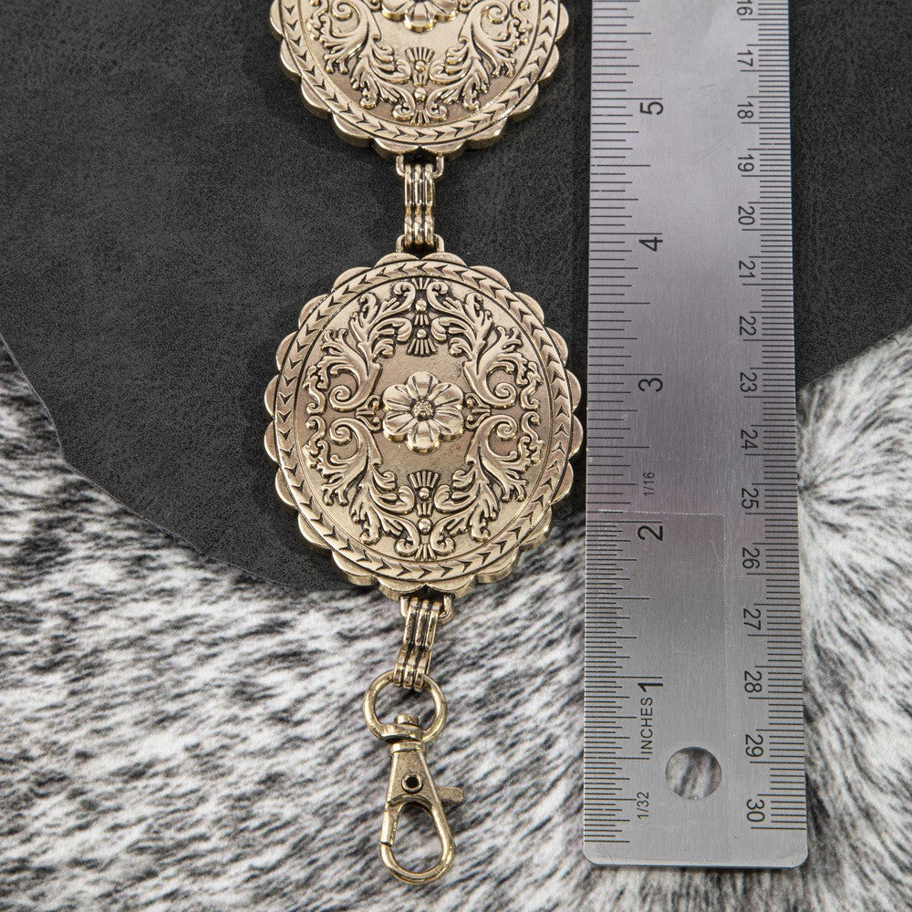 Gold Floral Engraved Scalloped Oval Concho Chain Belt