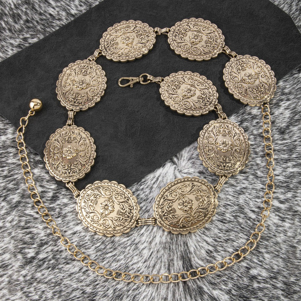 Gold Floral Engraved Scalloped Oval Concho Chain Belt