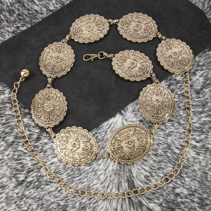 Gold Floral Engraved Scalloped Oval Concho Chain Belt
