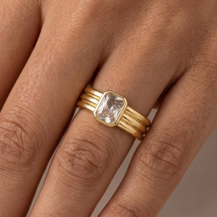 Gold Dipped Triple Band Step Cut Bezel CZ Ring