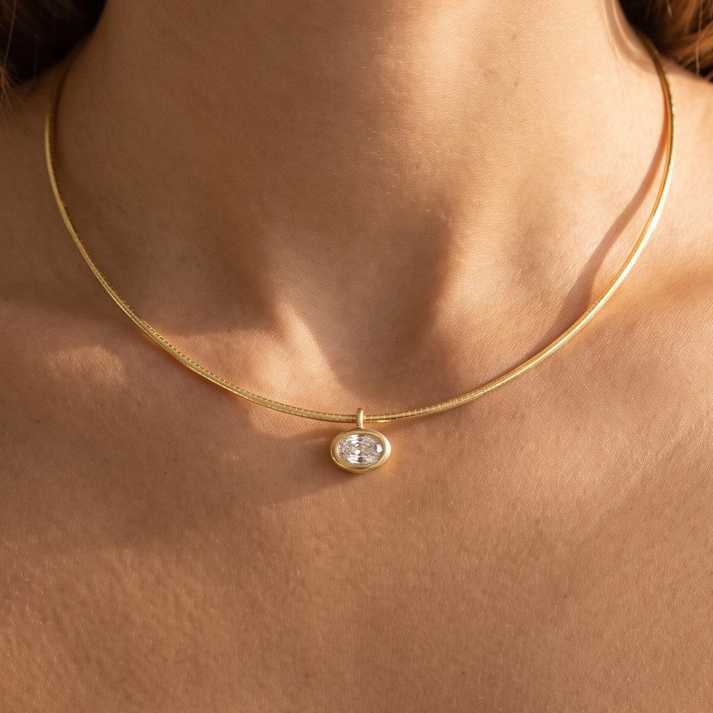 Oval CZ Bezel Slider Omega Collar Necklace Gold