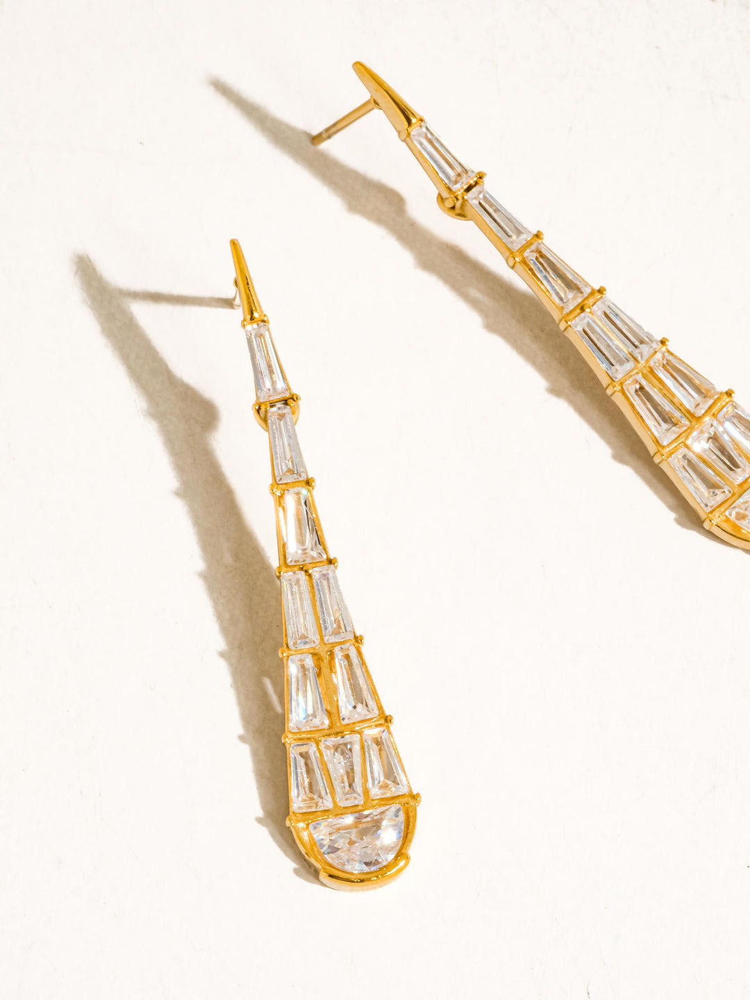 18K Gold CZ Baguette Tapered Cone Drop Earrings