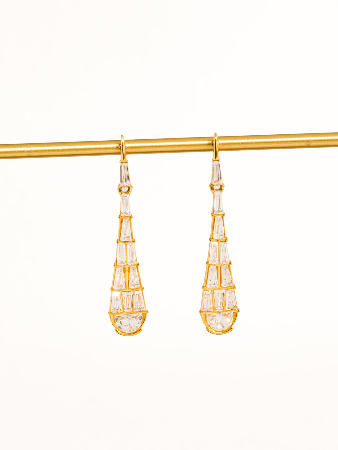 18K Gold CZ Baguette Tapered Cone Drop Earrings