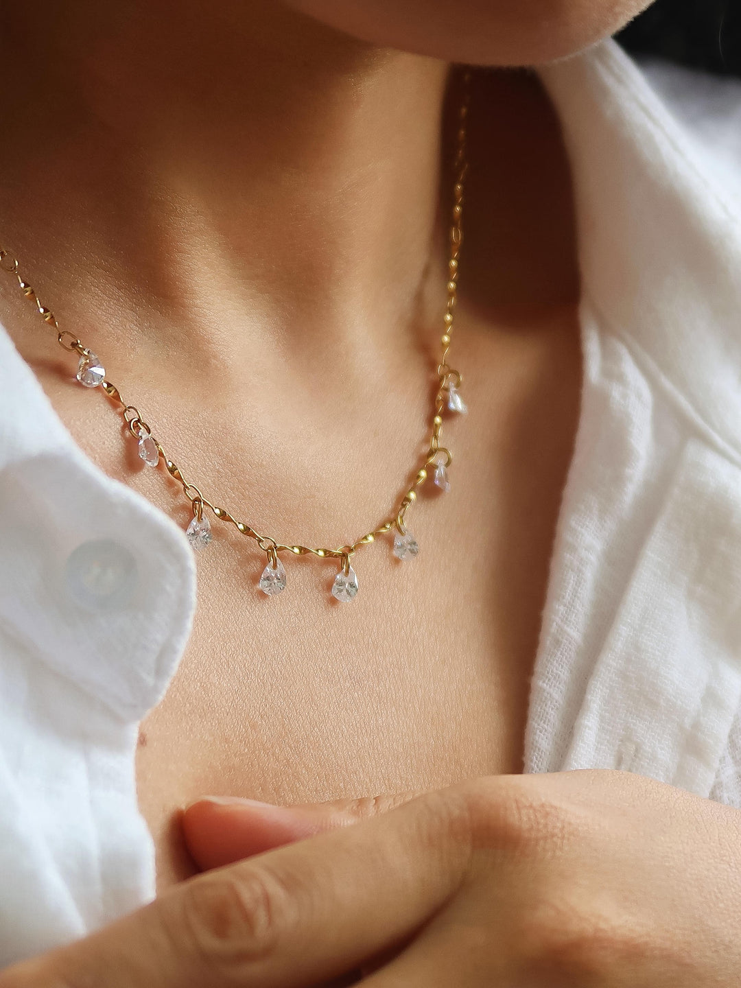 18K Gold CZ Teardrop Charm Chain Necklace