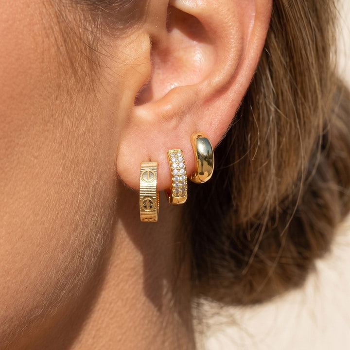 3 Pair Gold Huggie Hoop Earring Set — Screw Motif, Pavé CZ & Dome