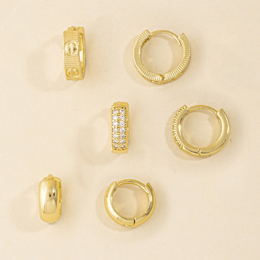 3 Pair Gold Huggie Hoop Earring Set — Screw Motif, Pavé CZ & Dome