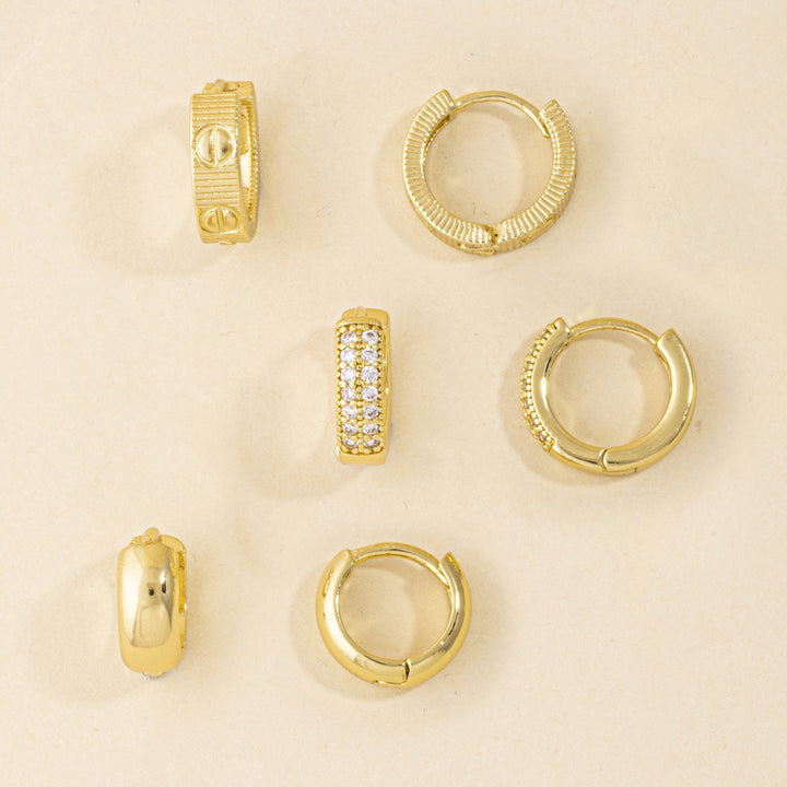 3 Pair Gold Huggie Hoop Earring Set — Screw Motif, Pavé CZ & Dome