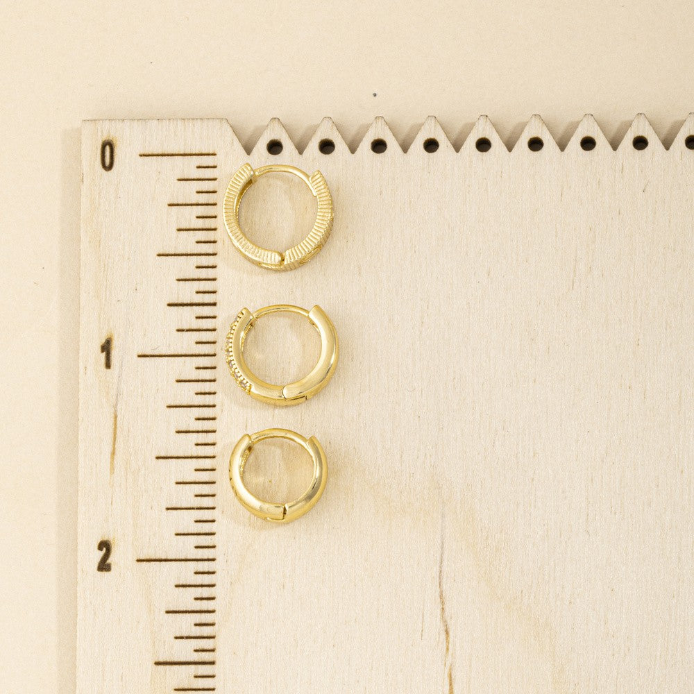 3 Pair Gold Huggie Hoop Earring Set — Screw Motif, Pavé CZ & Dome