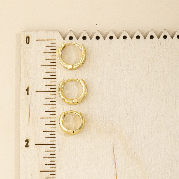 3 Pair Gold Huggie Hoop Earring Set — Screw Motif, Pavé CZ & Dome