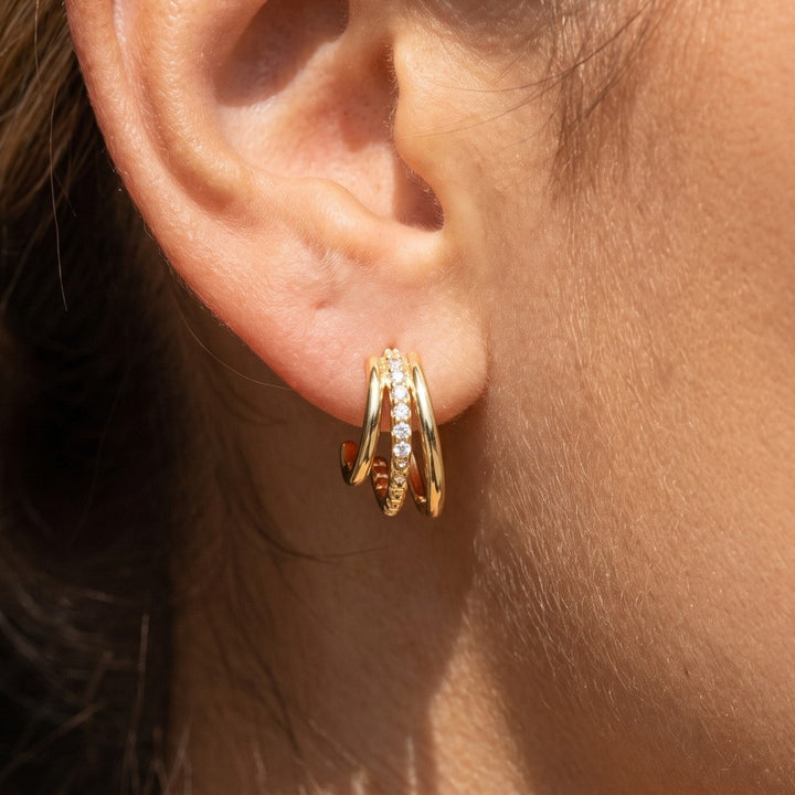 Gold Triple Band Micro Pavé CZ Huggie Hoop Earrings