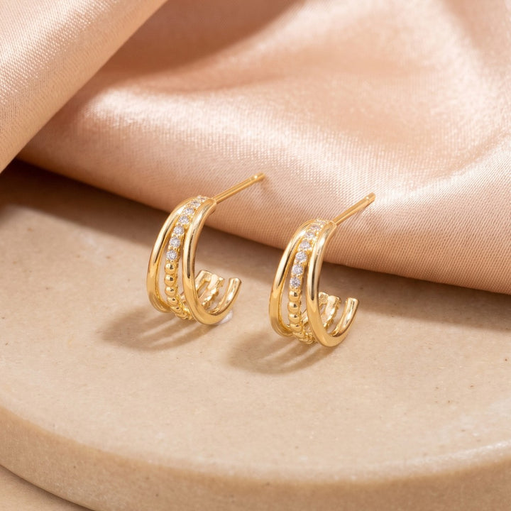 Gold Triple Band Micro Pavé CZ Huggie Hoop Earrings