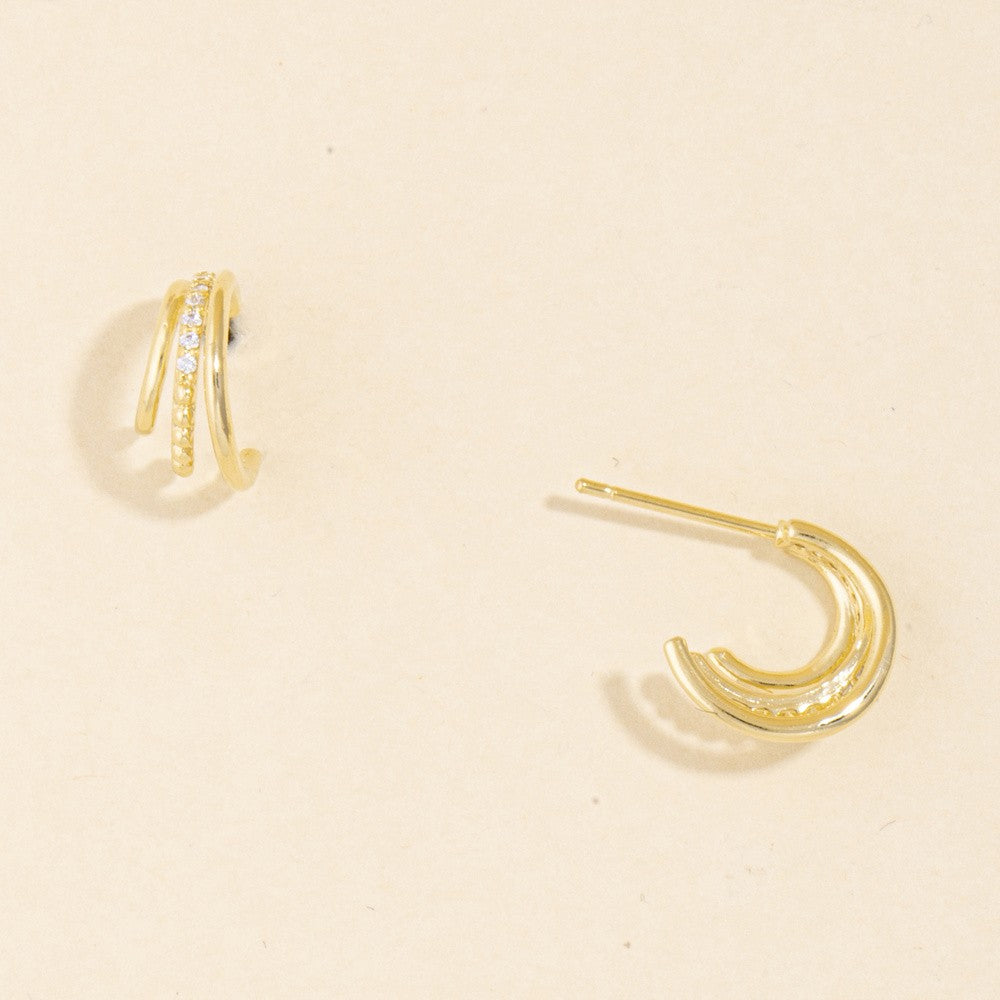 Gold Triple Band Micro Pavé CZ Huggie Hoop Earrings