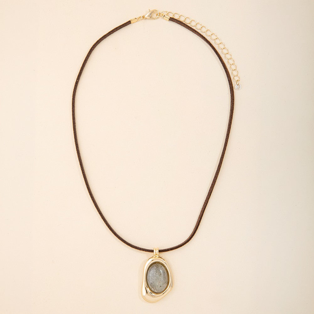 Kiwi Stone Oval Pendant Suede Cord Necklace Gold
