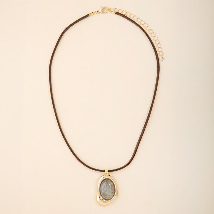 Kiwi Stone Oval Pendant Suede Cord Necklace Gold