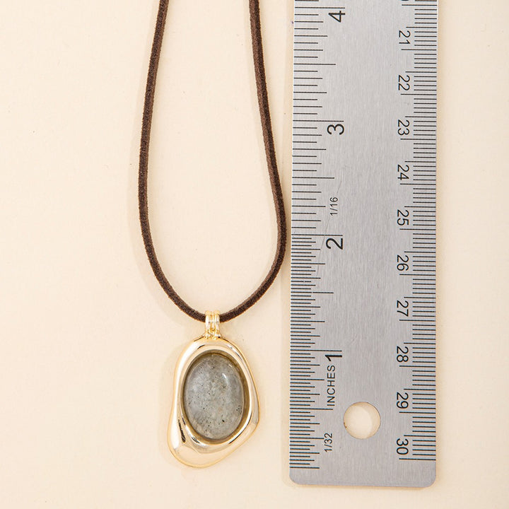 Kiwi Stone Oval Pendant Suede Cord Necklace Gold