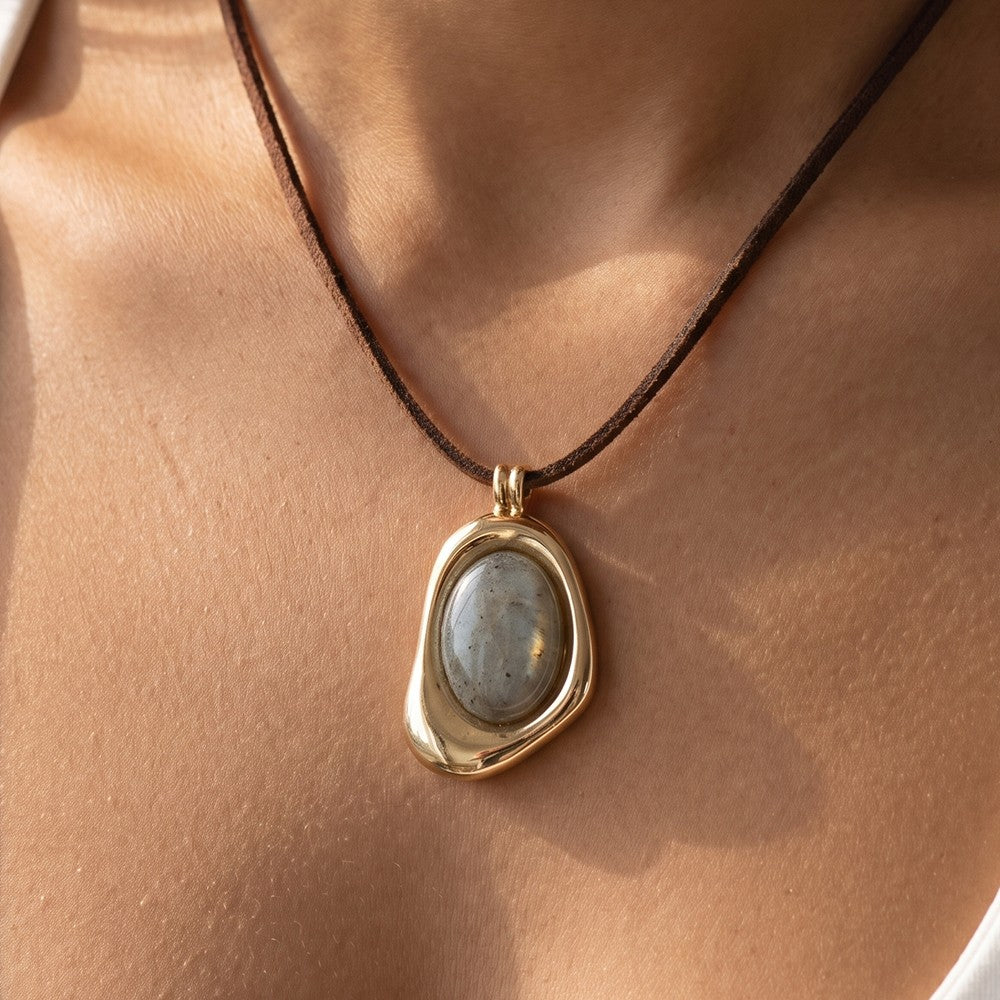 Kiwi Stone Oval Pendant Suede Cord Necklace Gold