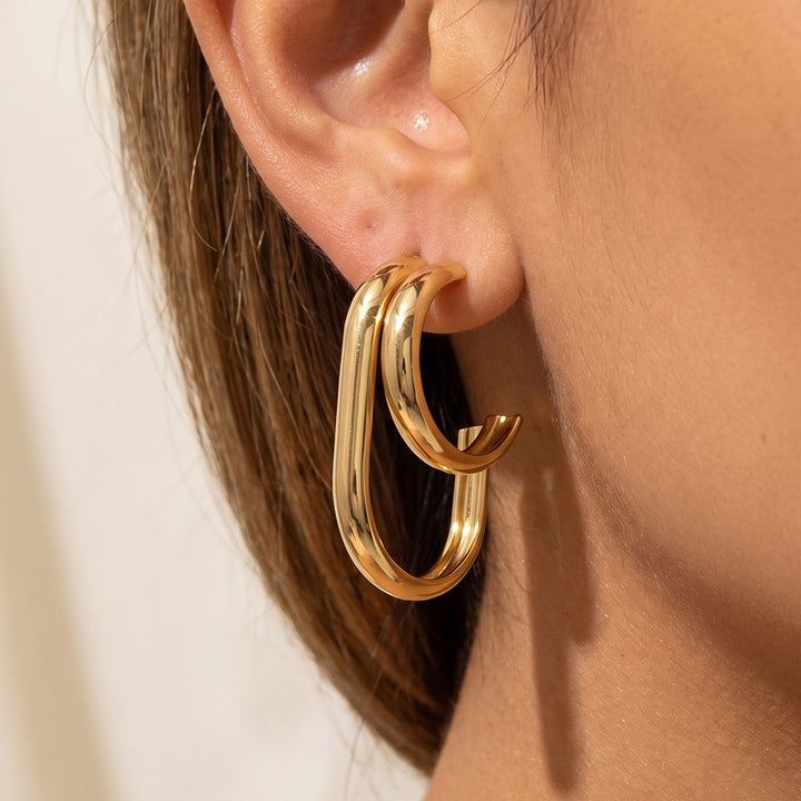 Gold Double Oblong Oval Tube Hoop Earrings