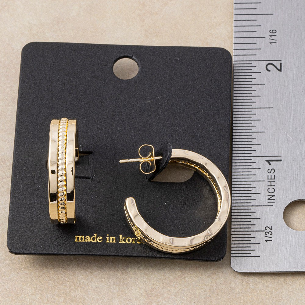 Gold Hammered Band Beaded Center Hoop Earrings