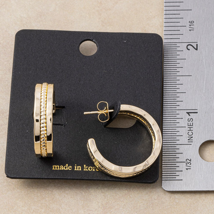 Gold Hammered Band Beaded Center Hoop Earrings