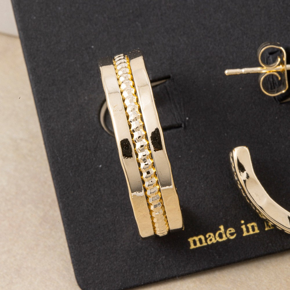 Gold Hammered Band Beaded Center Hoop Earrings
