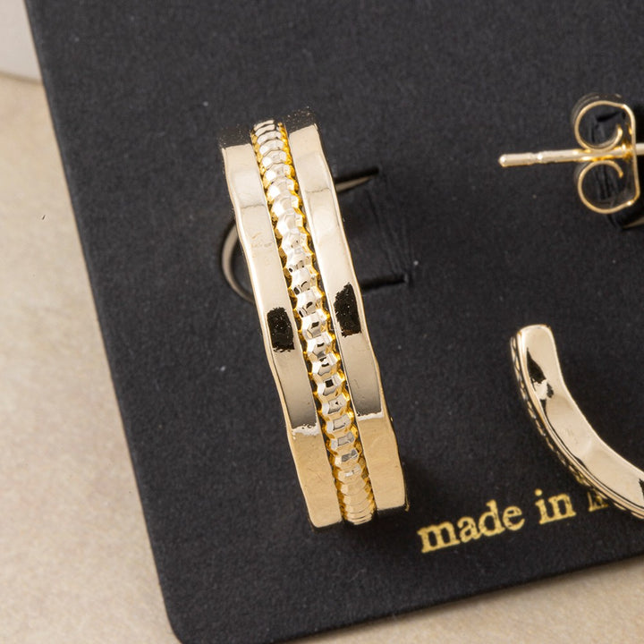 Gold Hammered Band Beaded Center Hoop Earrings