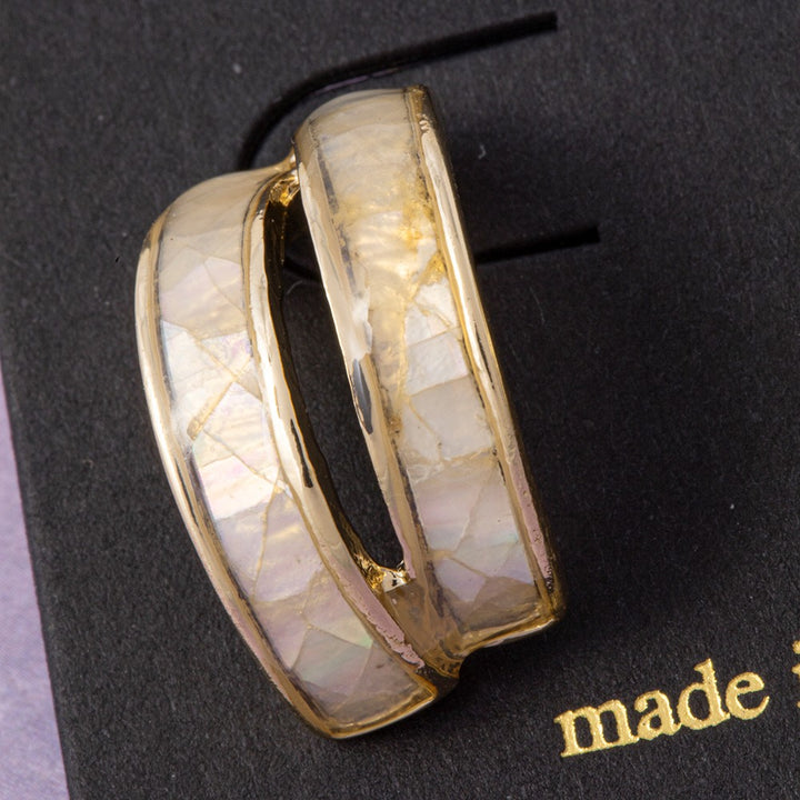 Mother of Pearl Shell Inlay Double Band Huggie Hoop Earrings