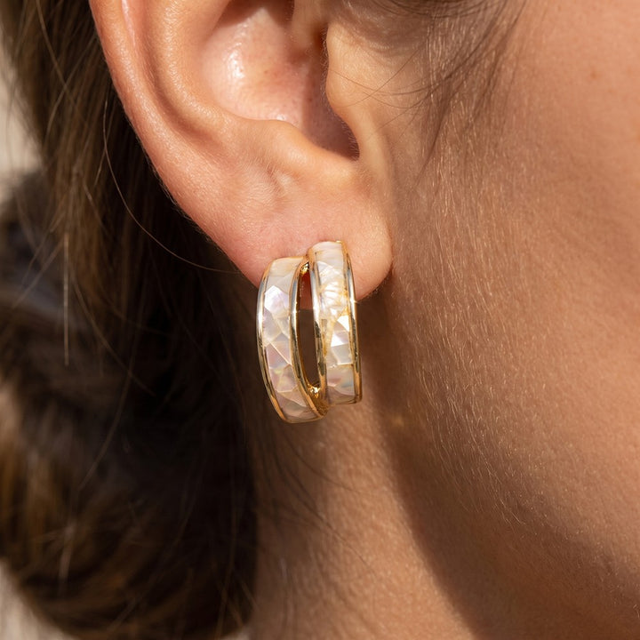 Mother of Pearl Shell Inlay Double Band Huggie Hoop Earrings