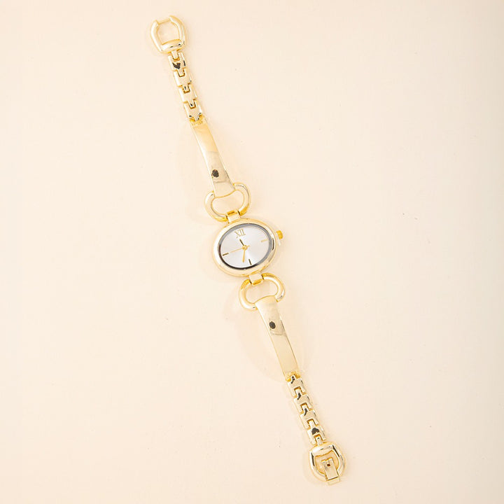 Gold Oval Case Roman Numeral Horsebit Link Bracelet Watch