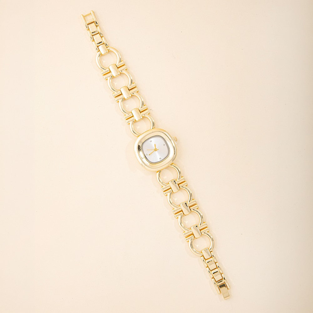 Gold Cushion Case CZ Dial Open Circle Link Bracelet Watch