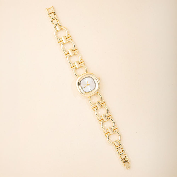 Gold Cushion Case CZ Dial Open Circle Link Bracelet Watch