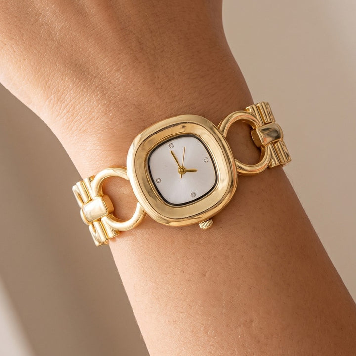Gold Cushion Case CZ Dial Open Circle Link Bracelet Watch