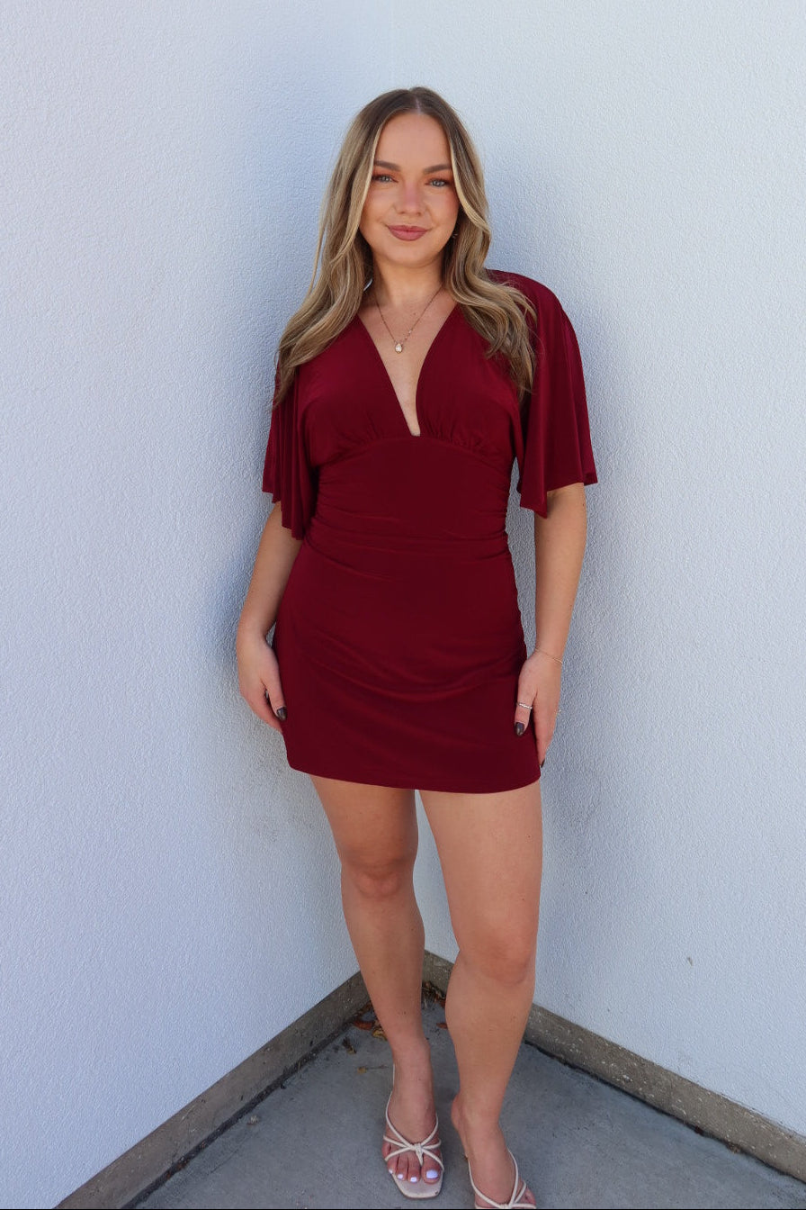Durham V-Neck Ruched Mini Dress - Burgundy