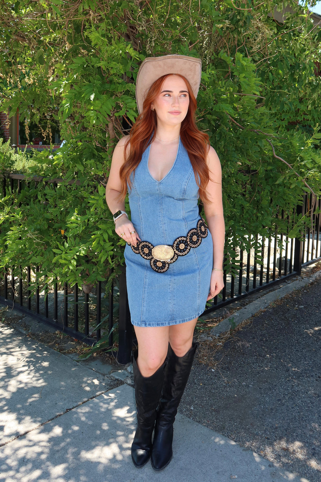The Denim Bow Halter Mini Dress