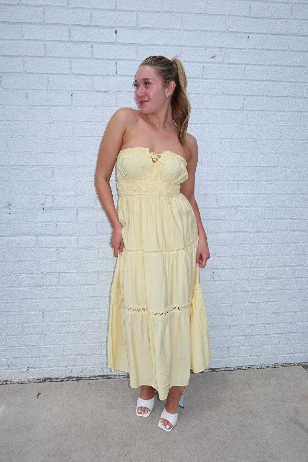 Butter Yellow Strapless Keyhole Tie Tiered Midi Dress