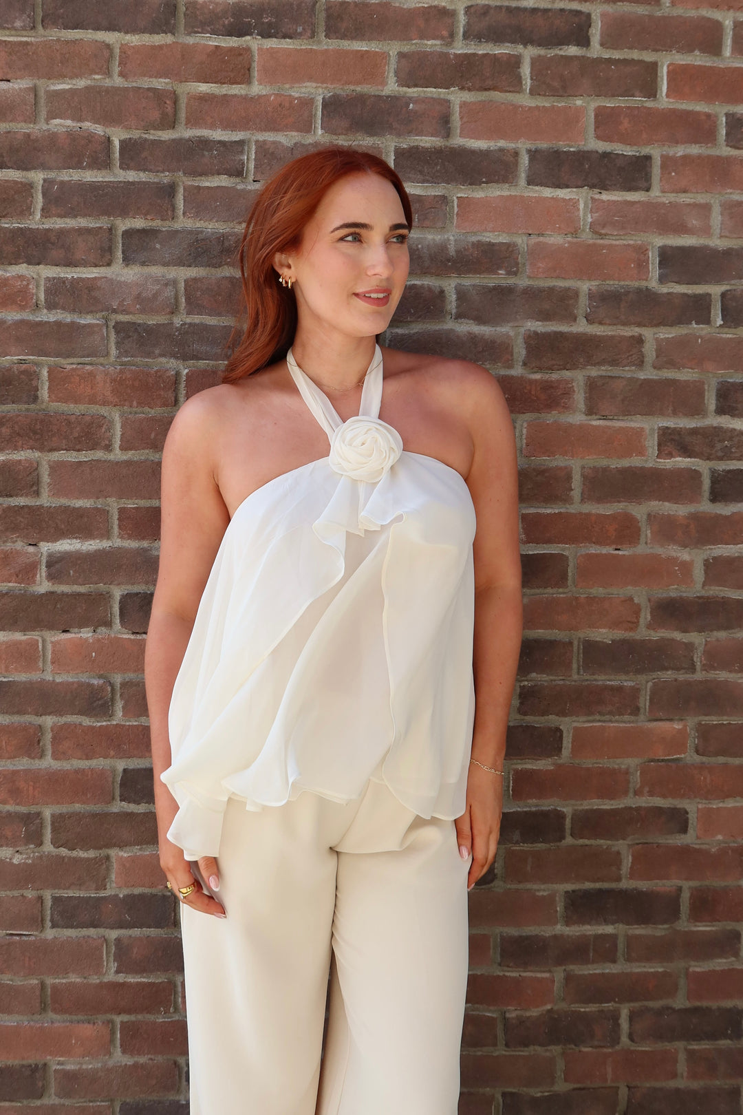 Cream Open-Back Rosette Halter Top