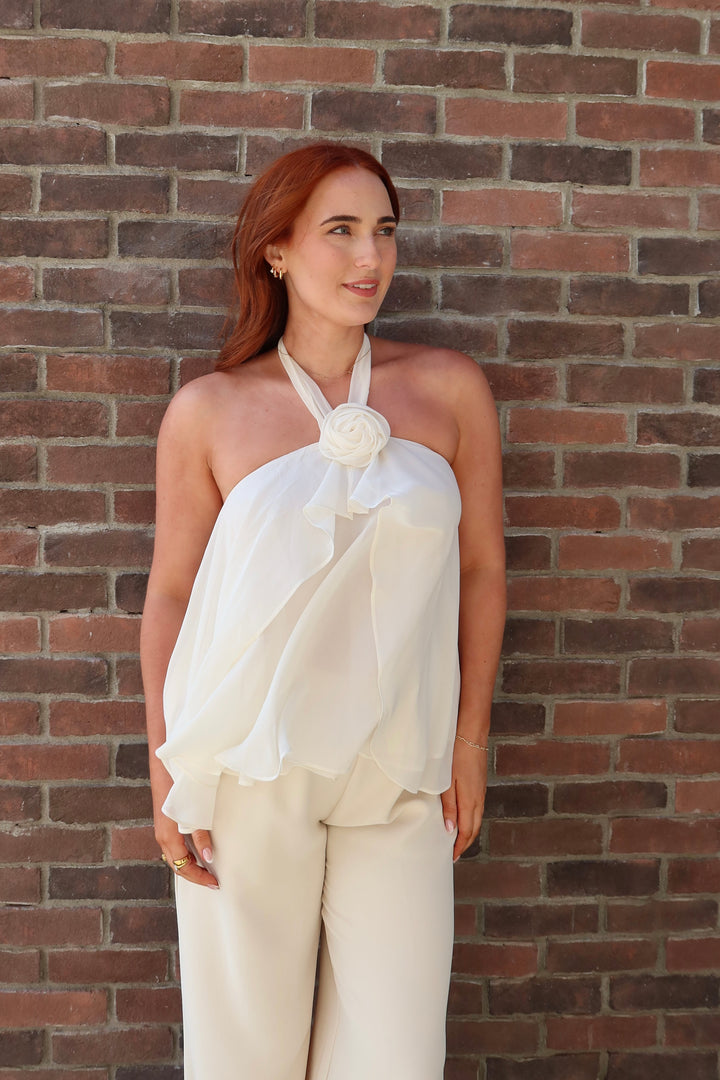 Cream Open-Back Rosette Halter Top