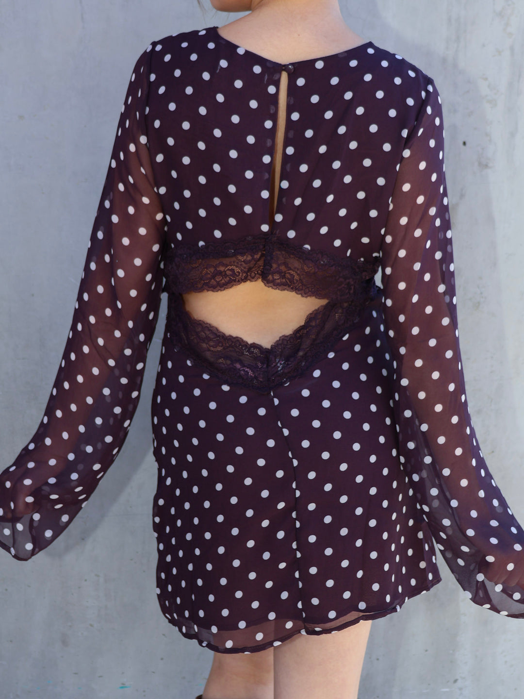 Brown polka dot sheer dress with lace details on a plain background