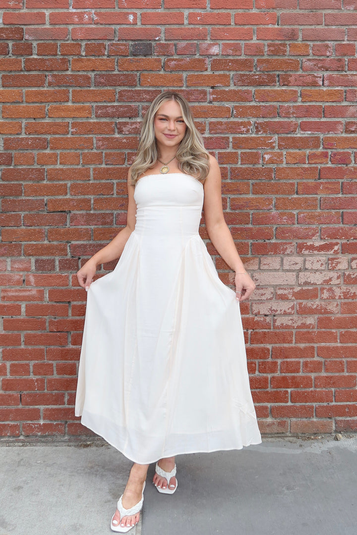 Cream Strapless Lace Trim A-Line Midi Dress