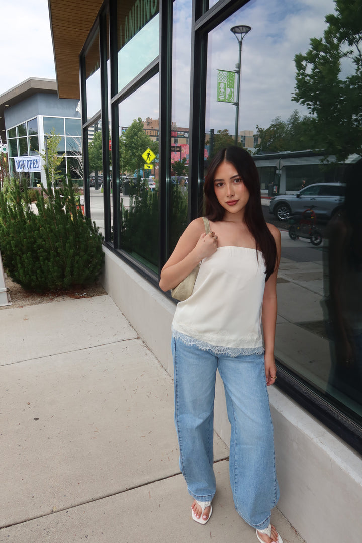 The Wide Barrel Snap Hem Jean — Light Wash