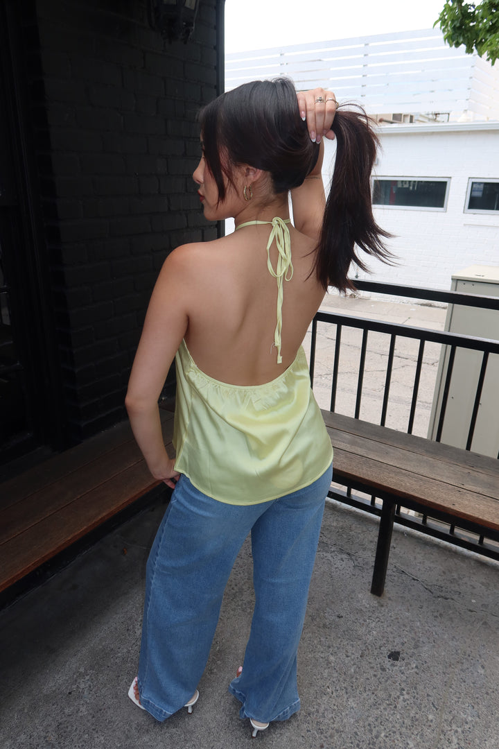 The Zenaye Cut Out Satin Halter Top — Lemon