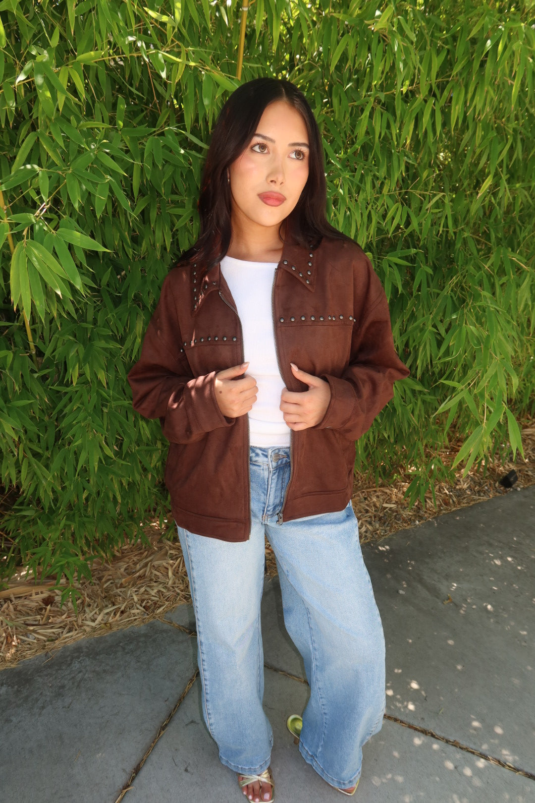 The Suzanee Studded Suede Jacket — Dark Brown