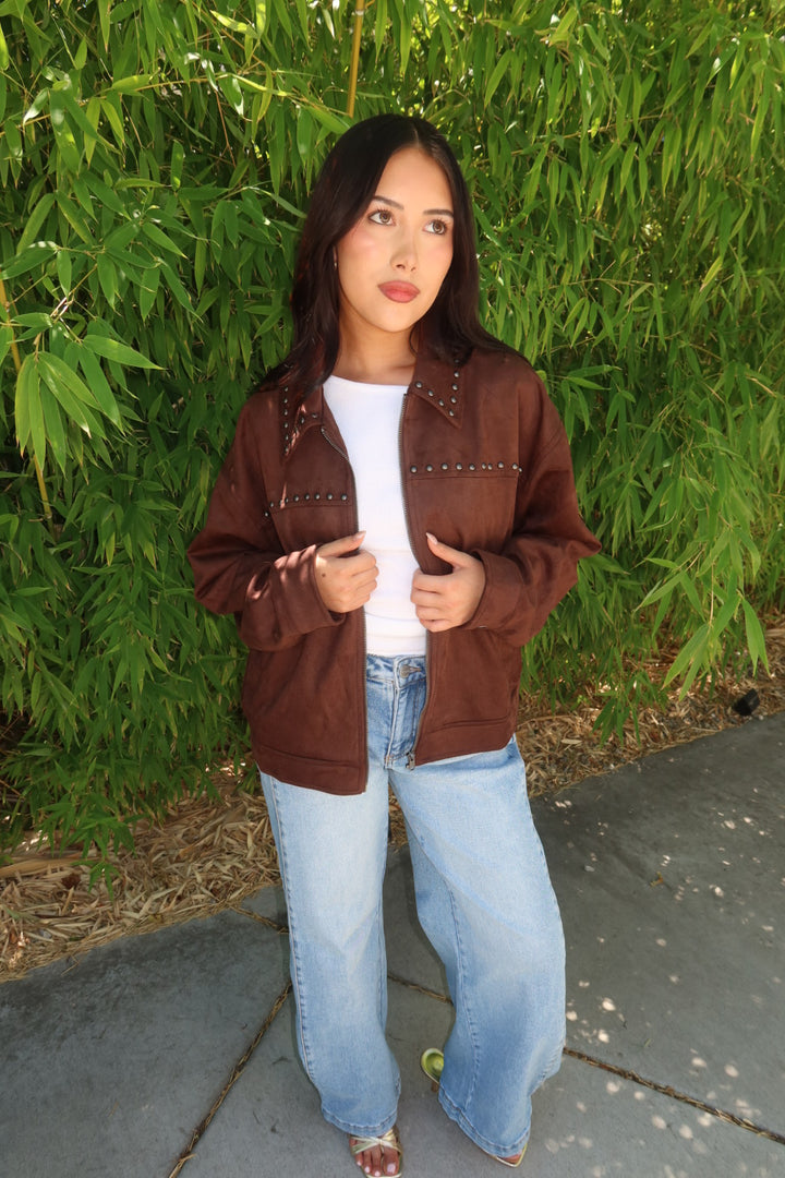 The Suzanee Studded Suede Jacket — Dark Brown
