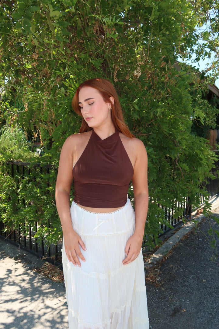 Hazel Halter Cowl Neck Top - Brown
