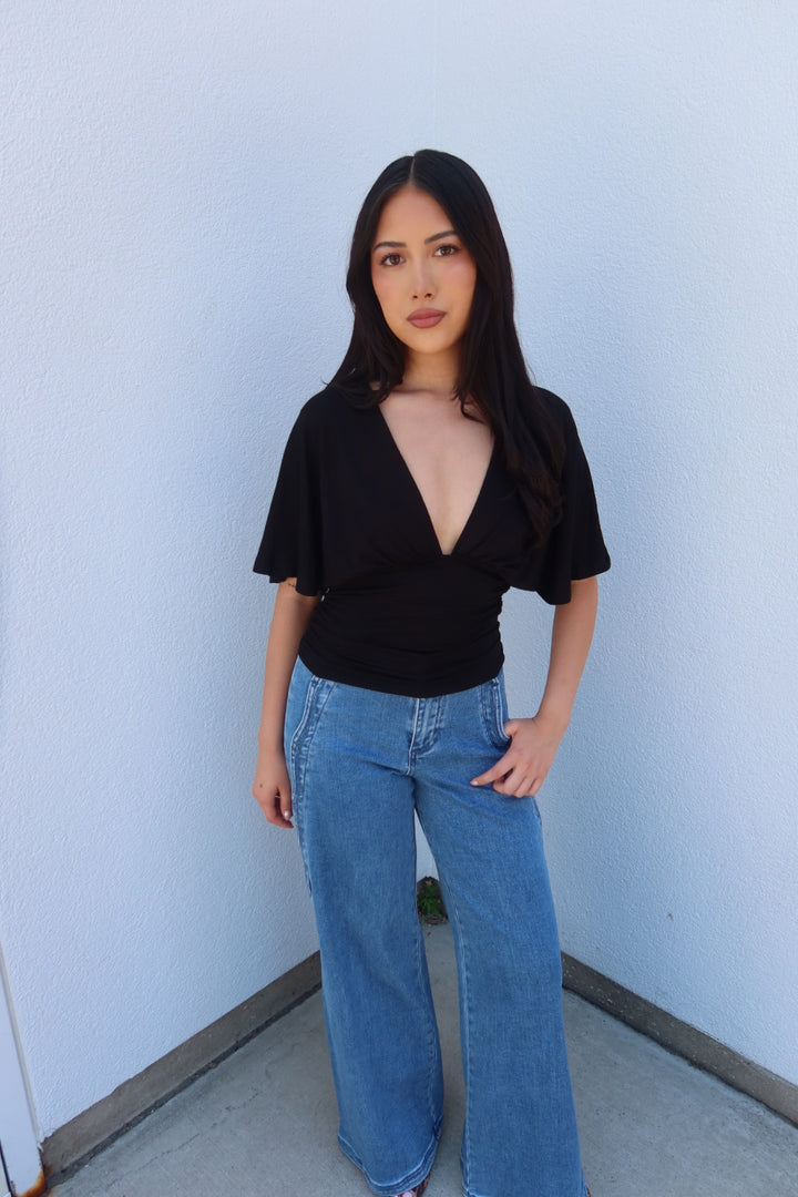 Simone Short Sleeve V-Neck Top - Black