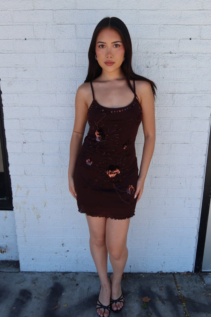 Catalina Beaded Mini Dress — Brown