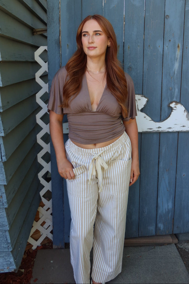 Simone Short Sleeve V-Neck Top — Taupe
