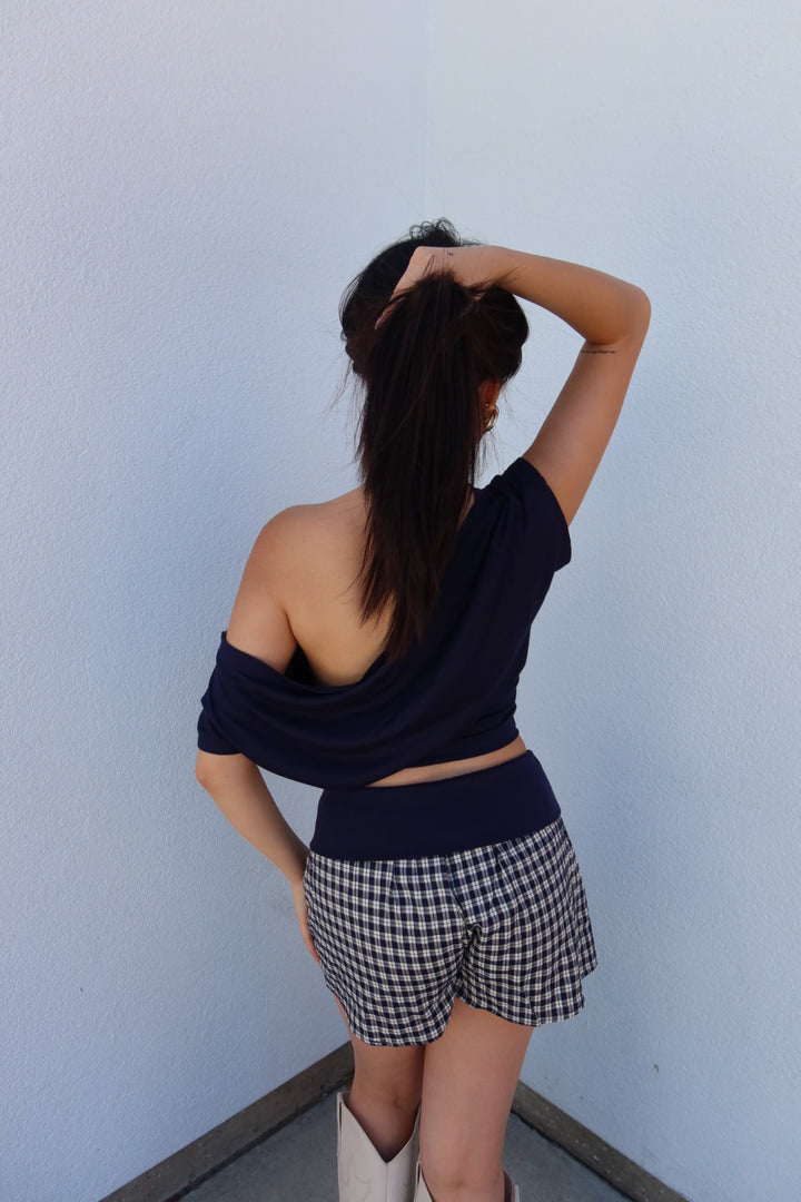 Almeda Asymmetrical Off-Shoulder Top — Navy