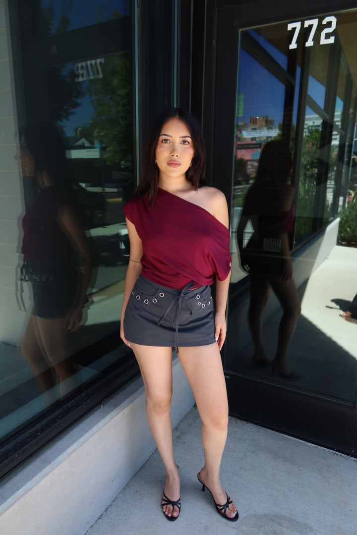 Almeda Asymmetrical Off-Shoulder Top — Burgundy