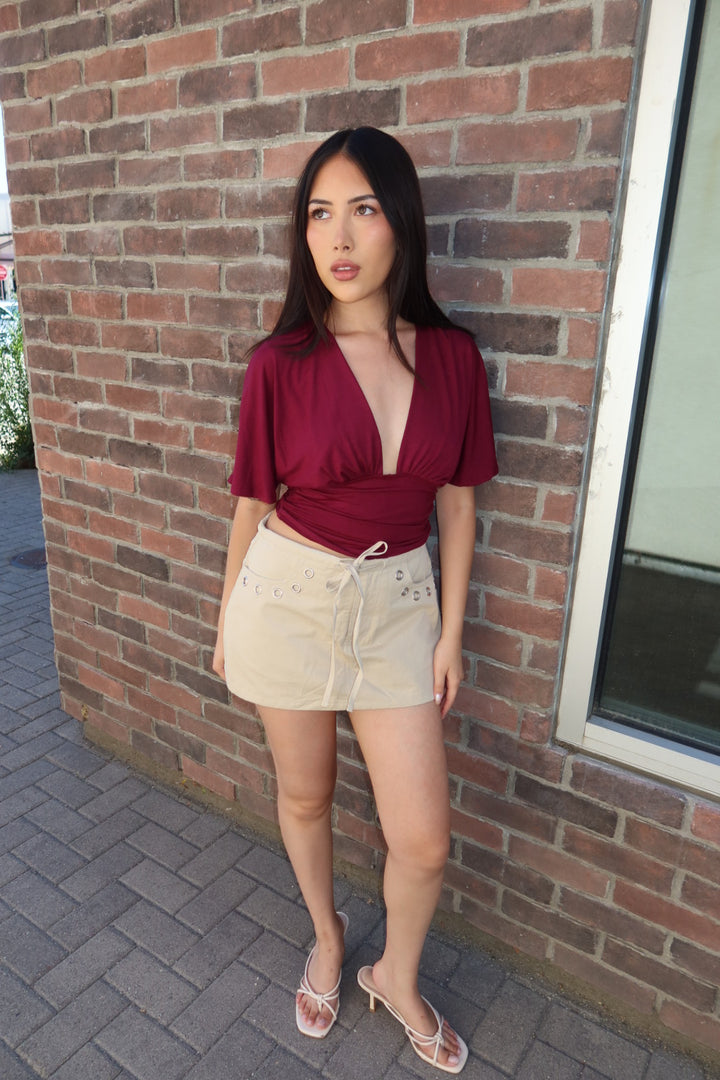 Simone Short Sleeve V-Neck Top — Burgundy