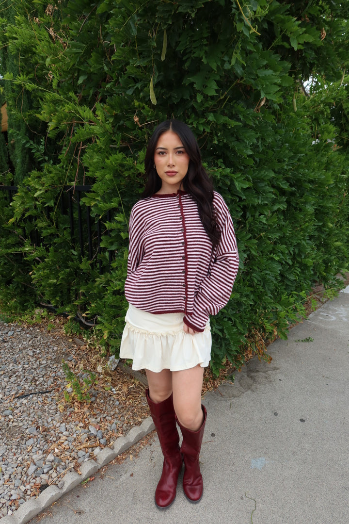 Kiera Striped Long Sleeve Cardigan — Burgundy